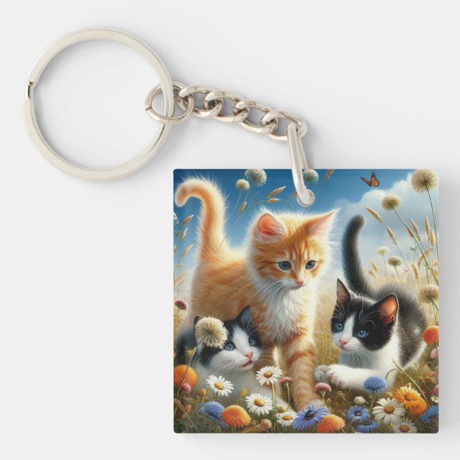 Cute Cats Wildflower Garden Acrylic Keychain (Front)