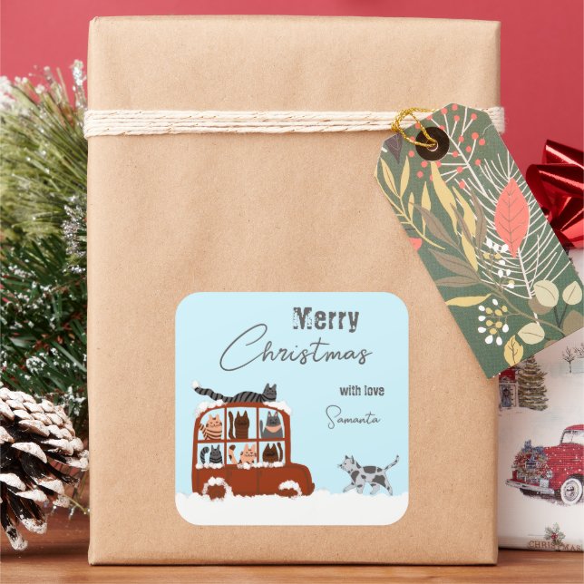 Cute Cats Winter Merry Chtistmas Gift  Square Sticker (Holiday)