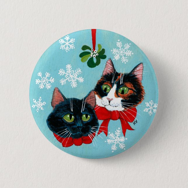 Cute cats winter mistletoe Christmas snow button (Front)