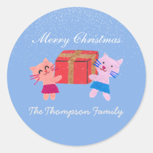Cute cats with gift box blue Christmas Classic Round Sticker