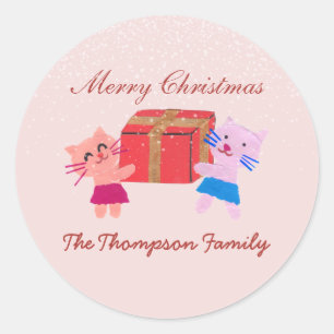Cute cats with gift box blush pink Christmas Classic Round Sticker