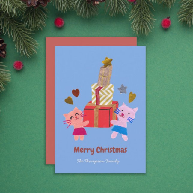 Cute cats with gifts blue Christmas  Holiday Card (Creator Uploaded)