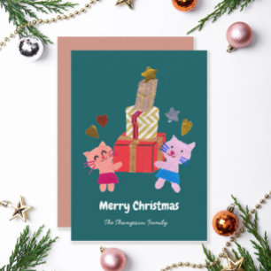 Cute cats with gifts dark green Christmas  Holiday Card