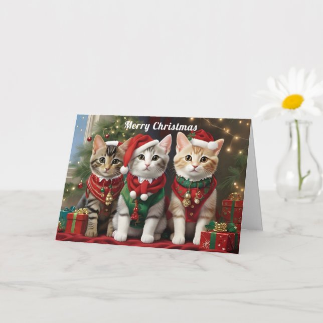 Cute Cats with Santa Hats Whimsical  Card (Small Plant)