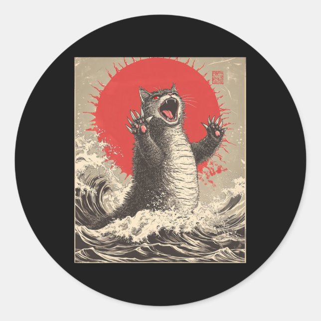 Cute Catzilla Cat Japanese Art Funny Cat  Classic Round Sticker (Front)