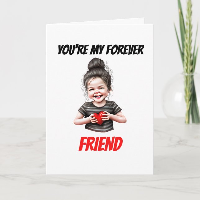 Cute caucasian girl brunette bun forever friend  holiday card (Front)