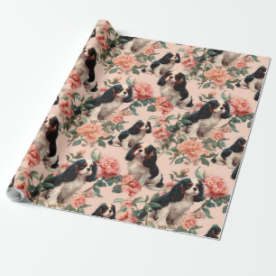 Cute Cavalier King Charles Floral Pattern Wrapping Paper
