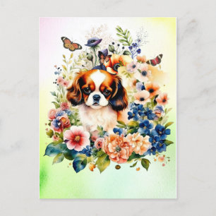 Cute Cavalier King Charles Puppy in Flowers Postcard