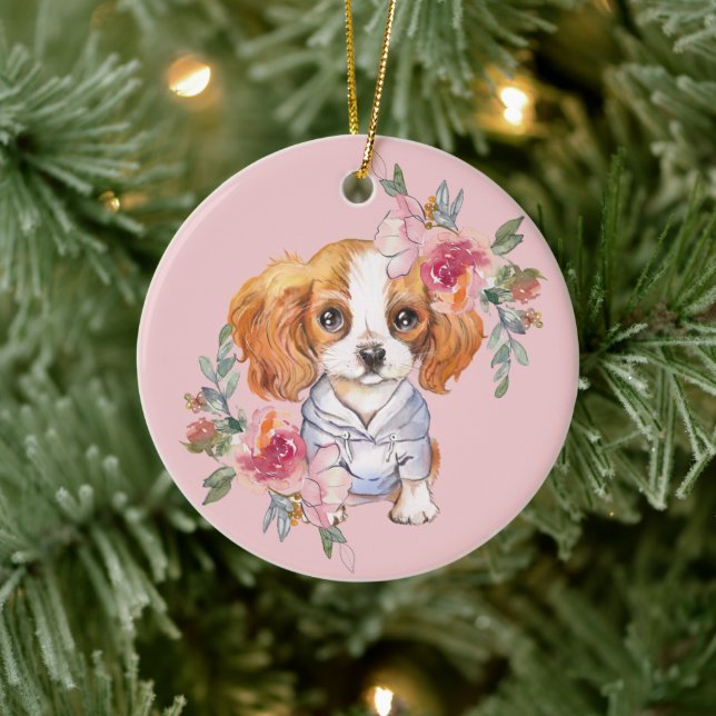 Cute Cavalier King Charles Spaniel and Flowers Ceramic Tree Decoration (Tree)