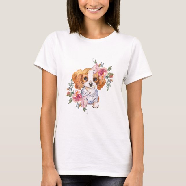 Cute Cavalier King Charles Spaniel Dog and Flowers T-Shirt (Front)