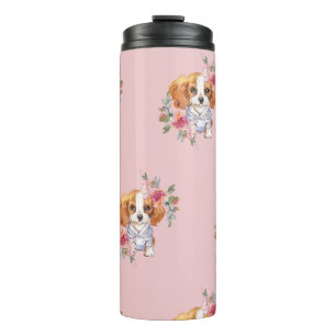 Cute Cavalier King Charles Spaniel Dog and Flowers Thermal Tumbler