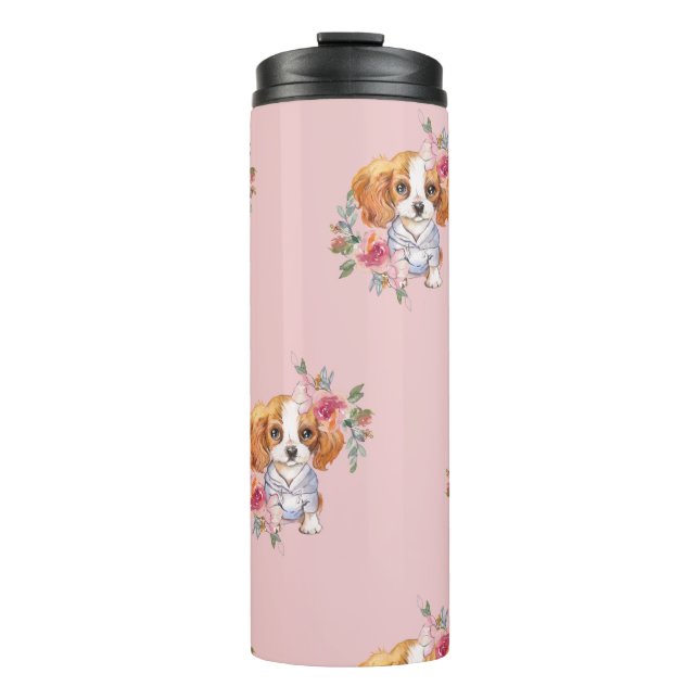 Cute Cavalier King Charles Spaniel Dog and Flowers Thermal Tumbler (Front)