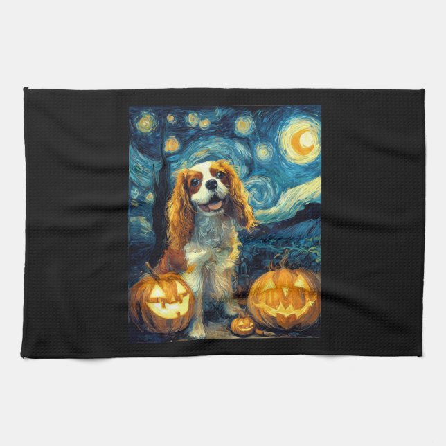 Cute Cavalier King Charles Spaniel Dog Halloween J Tea Towel (Horizontal)