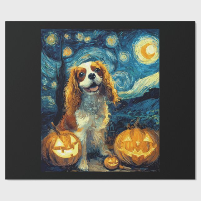 Cute Cavalier King Charles Spaniel Dog Halloween J Wrapping Paper (Flat)