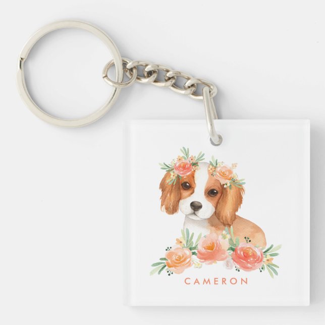 Cute Cavalier King Charles Spaniel Orange Flowers Key Ring (Front)
