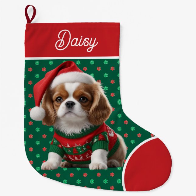 Cute Cavalier King Charles Sweater Personalised Large Christmas Stocking (Front)