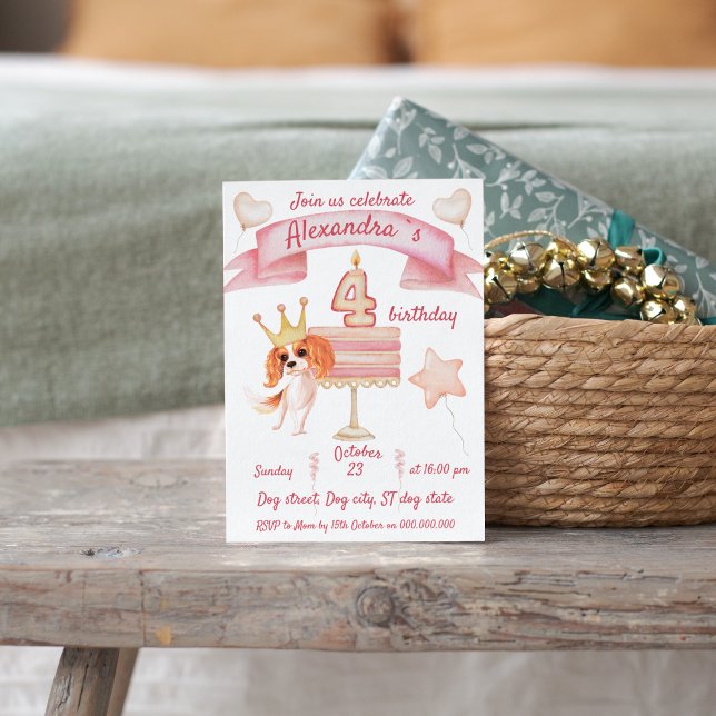 Cute Cavalier with cake celebrate fourth birthday Invitation (King Charles Cavalier Spaniel dog theme fourth birthday party. Cute pink girly invitation.)