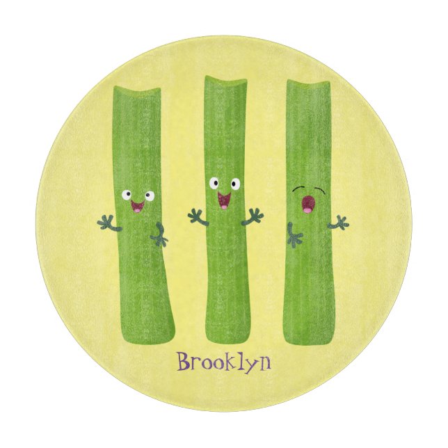 Cute celery sticks trio cartoon vegetables cutting board (Front)