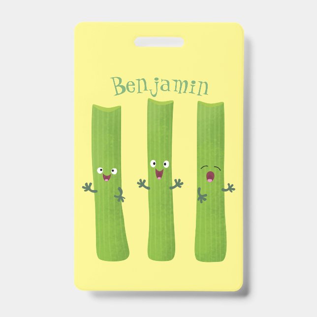 Cute celery sticks trio cartoon vegetables ID badge (Front)
