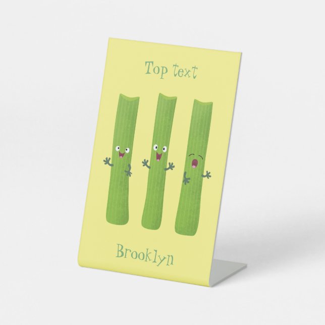 Cute celery sticks trio cartoon vegetables pedestal sign (Front)