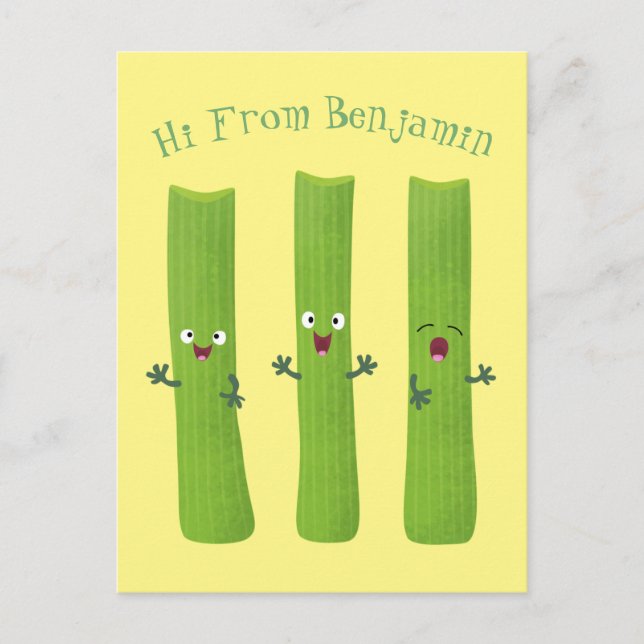 Cute celery sticks trio cartoon vegetables  postcard (Front)