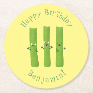 Cute celery sticks trio cartoon vegetables round paper coaster