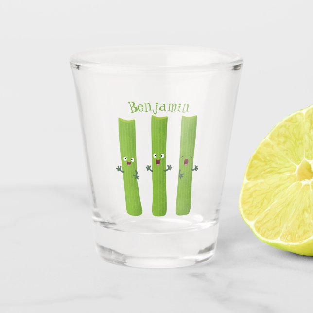 Cute celery sticks trio cartoon vegetables shot glass (Front)