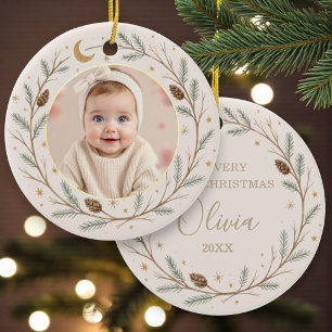 Cute Celestial Baby First Christmas Photo Ceramic Tree Decoration