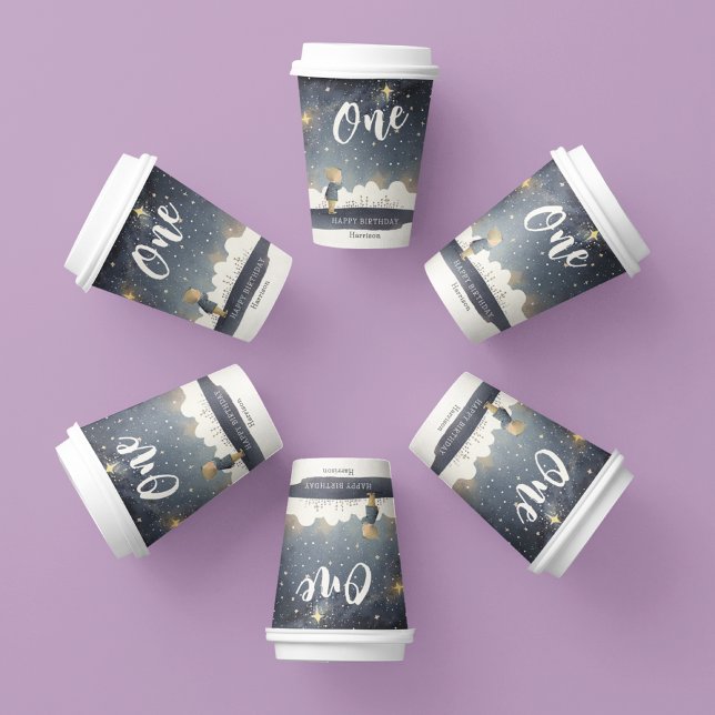 Cute Celestial Birthday Stars Watercolor Boy Paper Cups (Creator Uploaded)