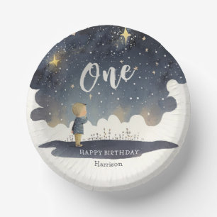 Cute Celestial Birthday Stars Watercolor Boy Paper Plate