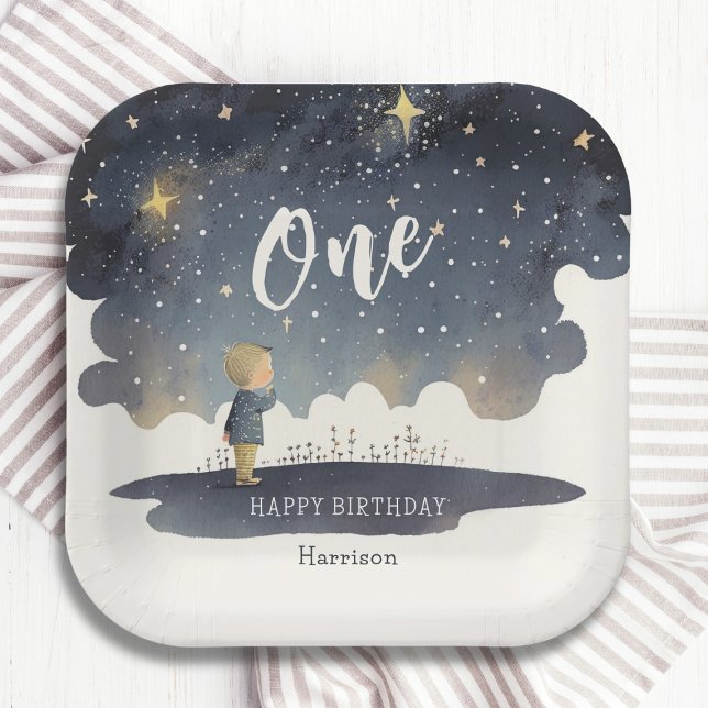 Cute Celestial Birthday Stars Watercolor Boy Paper Plate (Creator Uploaded)