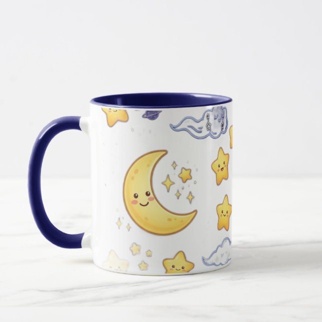 Cute Celestial Moon and Stars Pattern Blue Two-Ton Mug (Left)