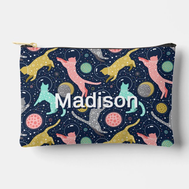 Cute Celestial Mystical Space Cats Personalised Accessory Pouch (Front)