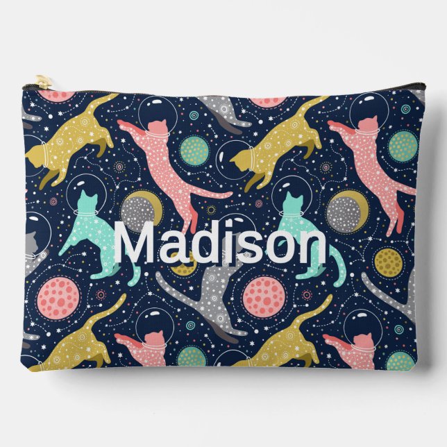Cute Celestial Mystical Space Cats Personalised Accessory Pouch (Front)