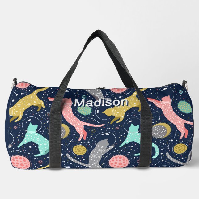 Cute Celestial Mystical Space Cats Personalised Duffle Bag (Front)