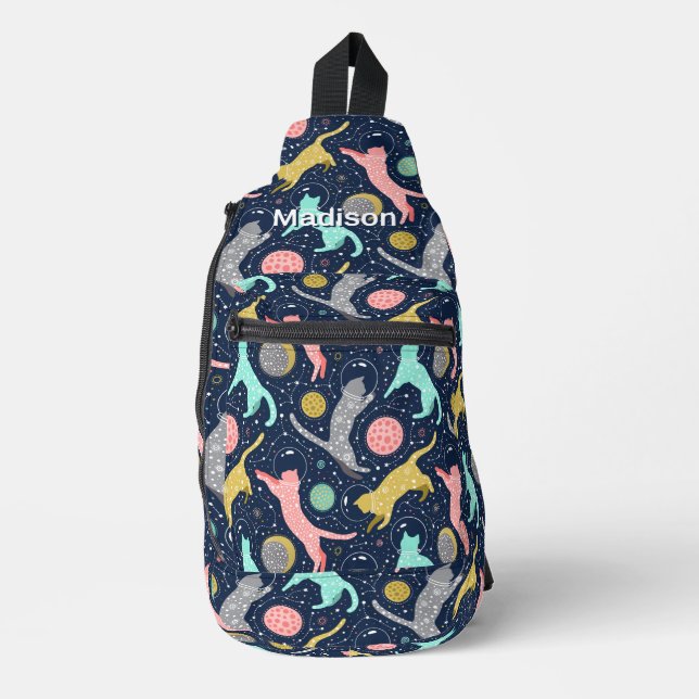 Cute Celestial Mystical Space Cats Personalised Sling Bag (Front)