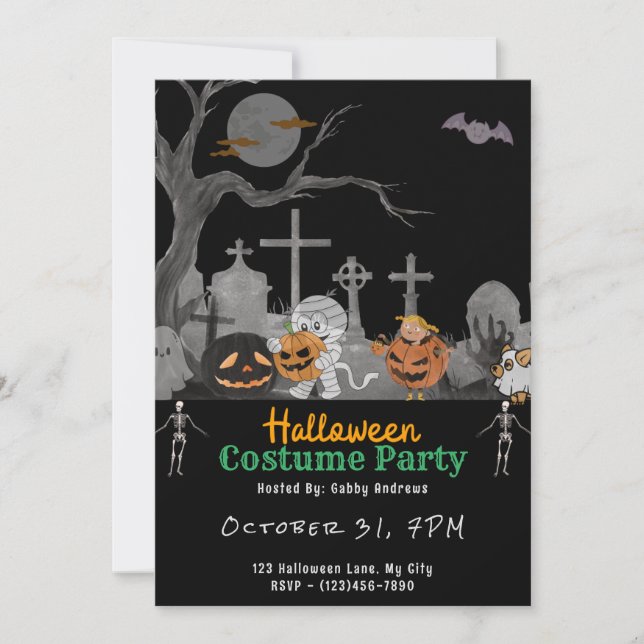 Cute Cemetery with Ghosts Mummy Black Halloween Invitation (Front)