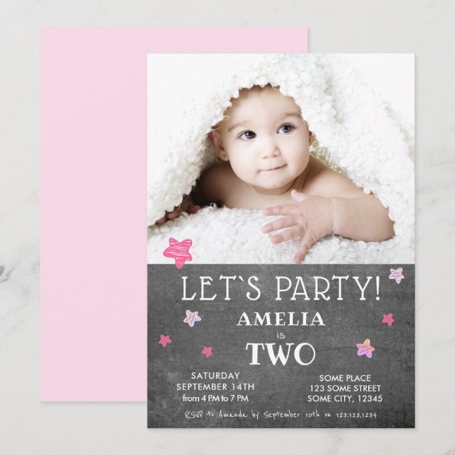 Cute Chalkboard 2nd Birthday Party Invitation Card (Front/Back)