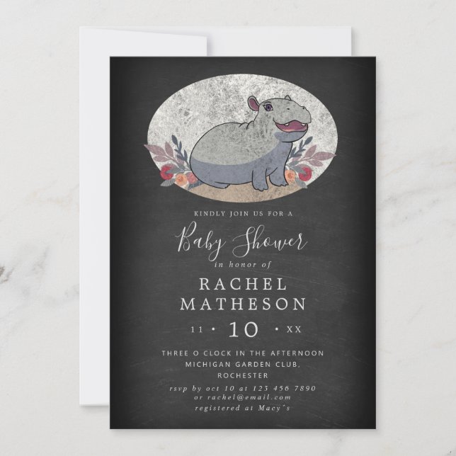 Cute chalkboard baby hippo baby shower  invitation (Front)