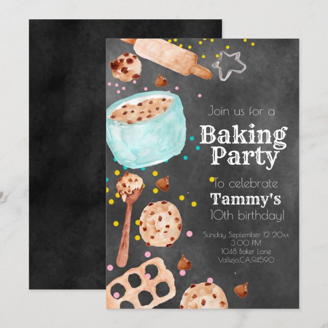 Cute chalkboard baking birthday party invite (Front/Back)