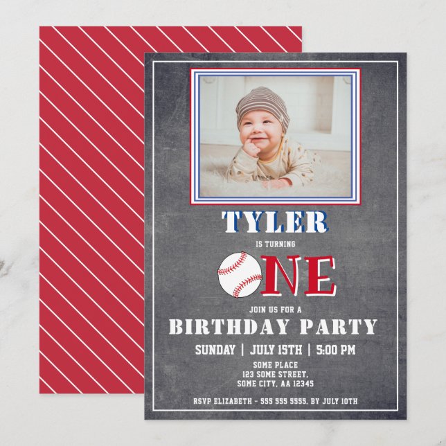 Cute Chalkboard Baseball Photo 1st Birthday Invitation (Front/Back)