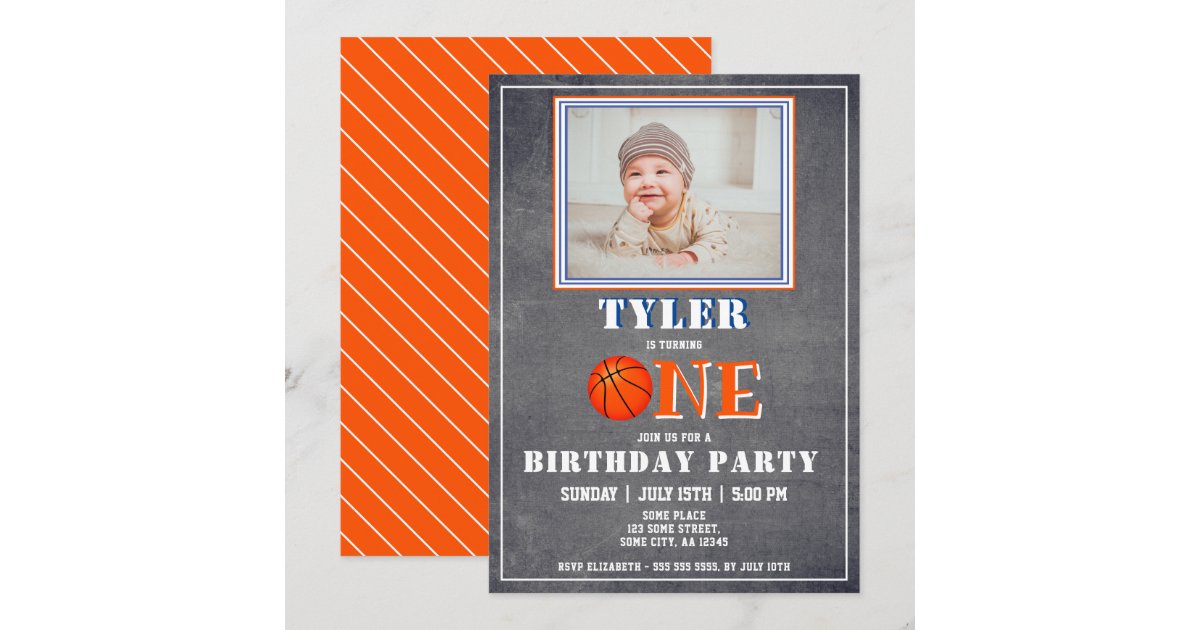 Cute Chalkboard Basketball Photo 1st Birthday Invitation | Zazzle