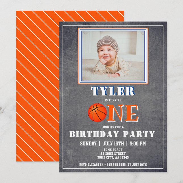 Cute Chalkboard Basketball Photo 1st Birthday Invitation (Front/Back)