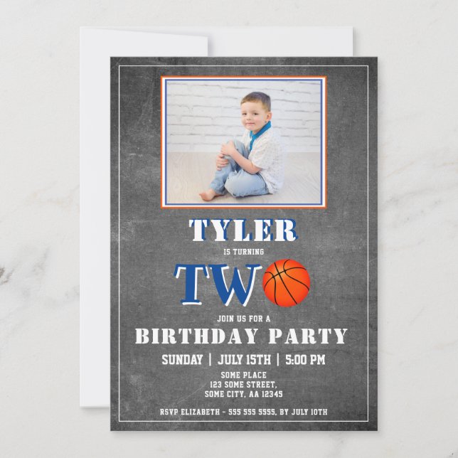 Cute Chalkboard Basketball Photo 2nd Birthday Invitation (Front)