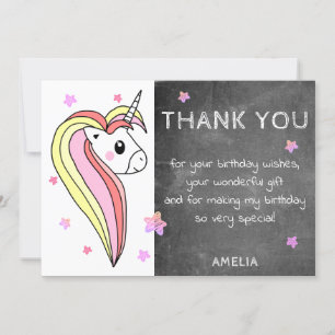 Cute Chalkboard Colourful Unicorn Thank you Card