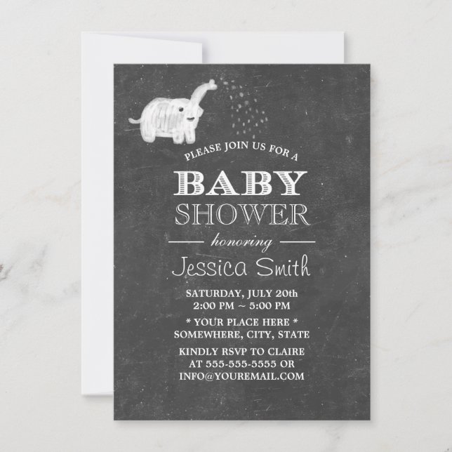 Cute Chalkboard Elephant Baby Shower Invitation (Front)