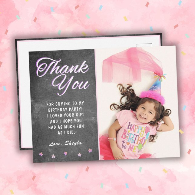 Cute Chalkboard Girly Birthday Photo Thank you Postcard (Creator Uploaded)