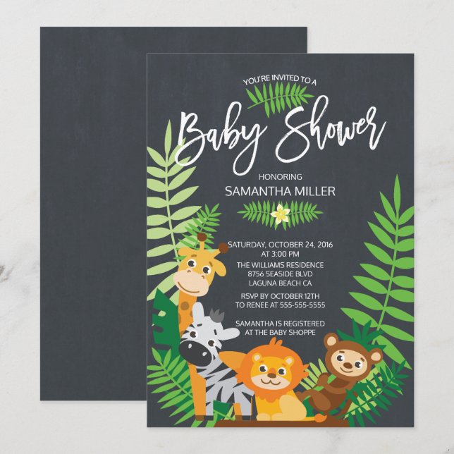Cute Chalkboard Jungle Safari Baby Shower Invitation (Front/Back)
