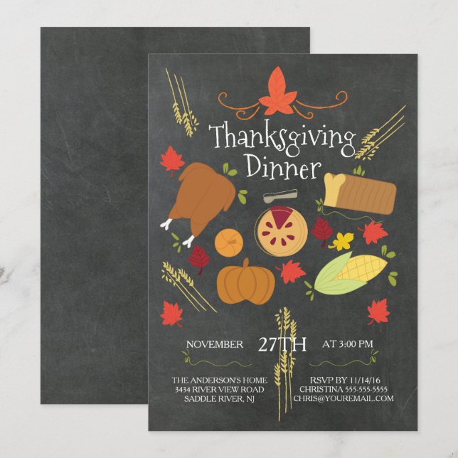 Cute Chalkboard Thanksgiving Dinner Invitation (Front/Back)