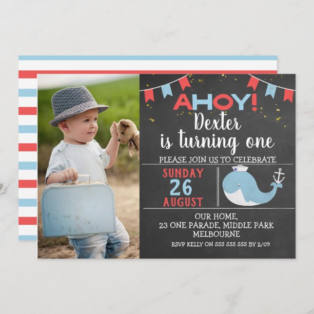 Cute Chalkboard Whale Photo Birthday Invitation (Front/Back)